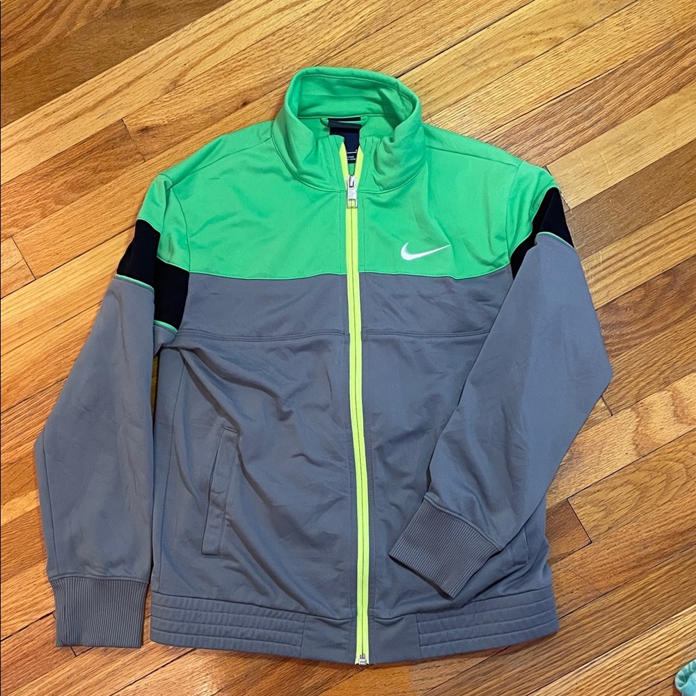 NIKE Kids Green, Black and Gray Sporty Athletic Zip-up Track Jacket Polyester